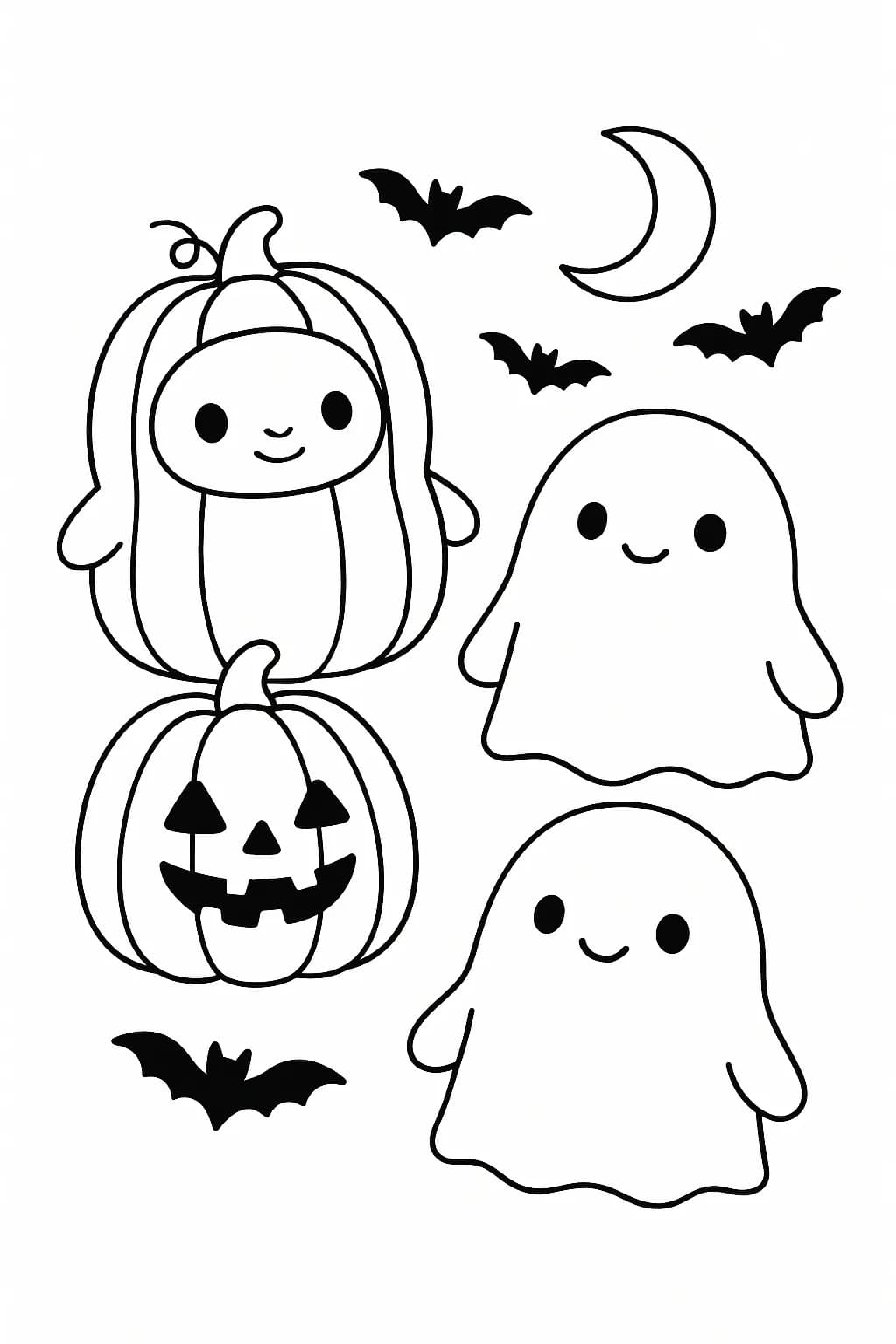 Squishmallows dressed as pumpkins and ghosts in a Halloween scene, designed for elementary coloring.