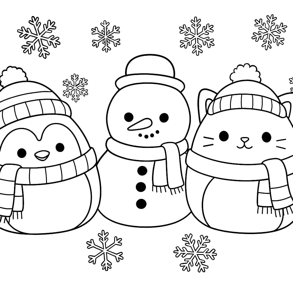 Squishmallow characters wearing scarves and hats with a snowman and snowflakes, easy for children to color.