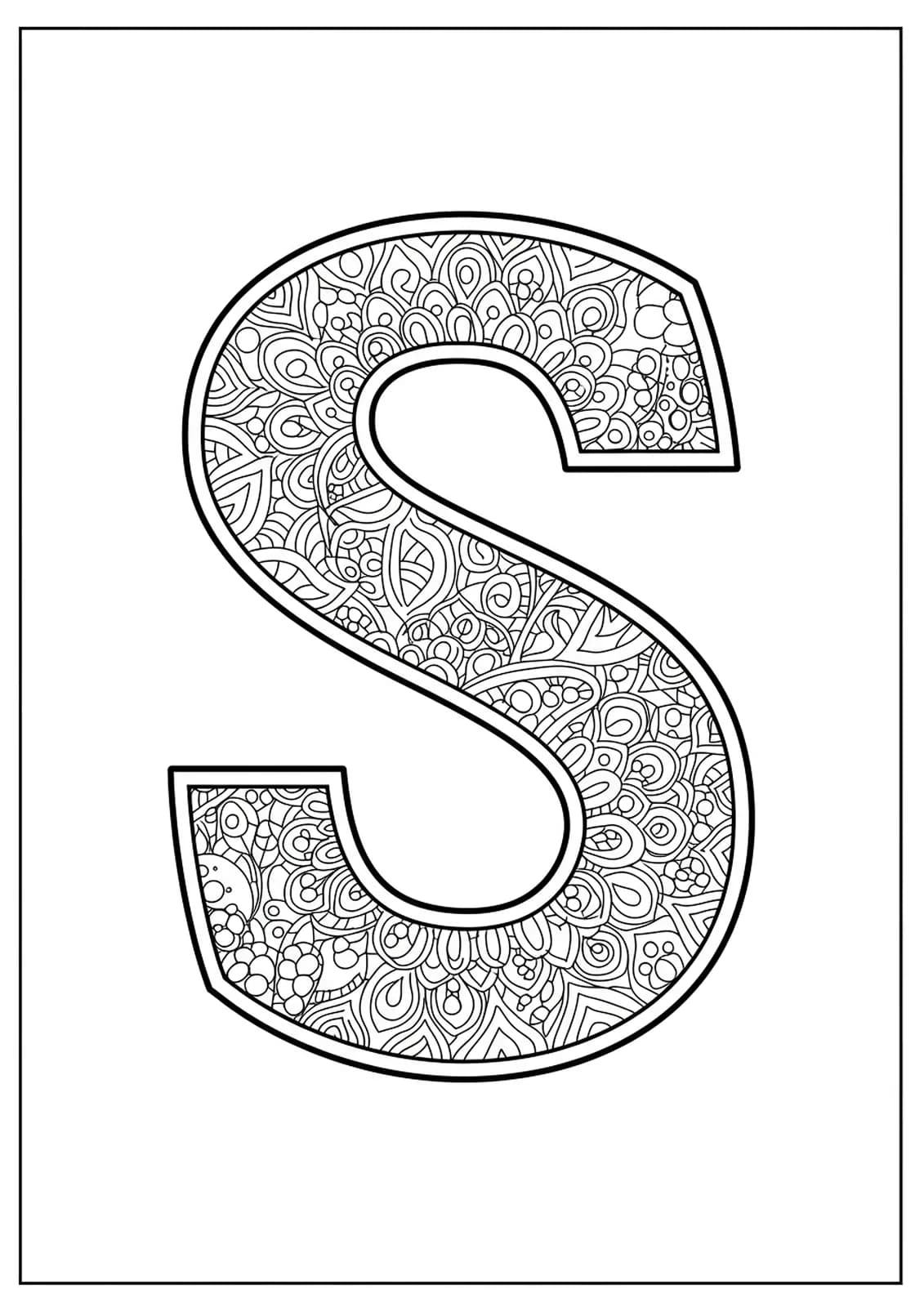 Letter S with stained glass mosaic patterns, small interlocking shapes, and detailed borders, hard adult coloring page