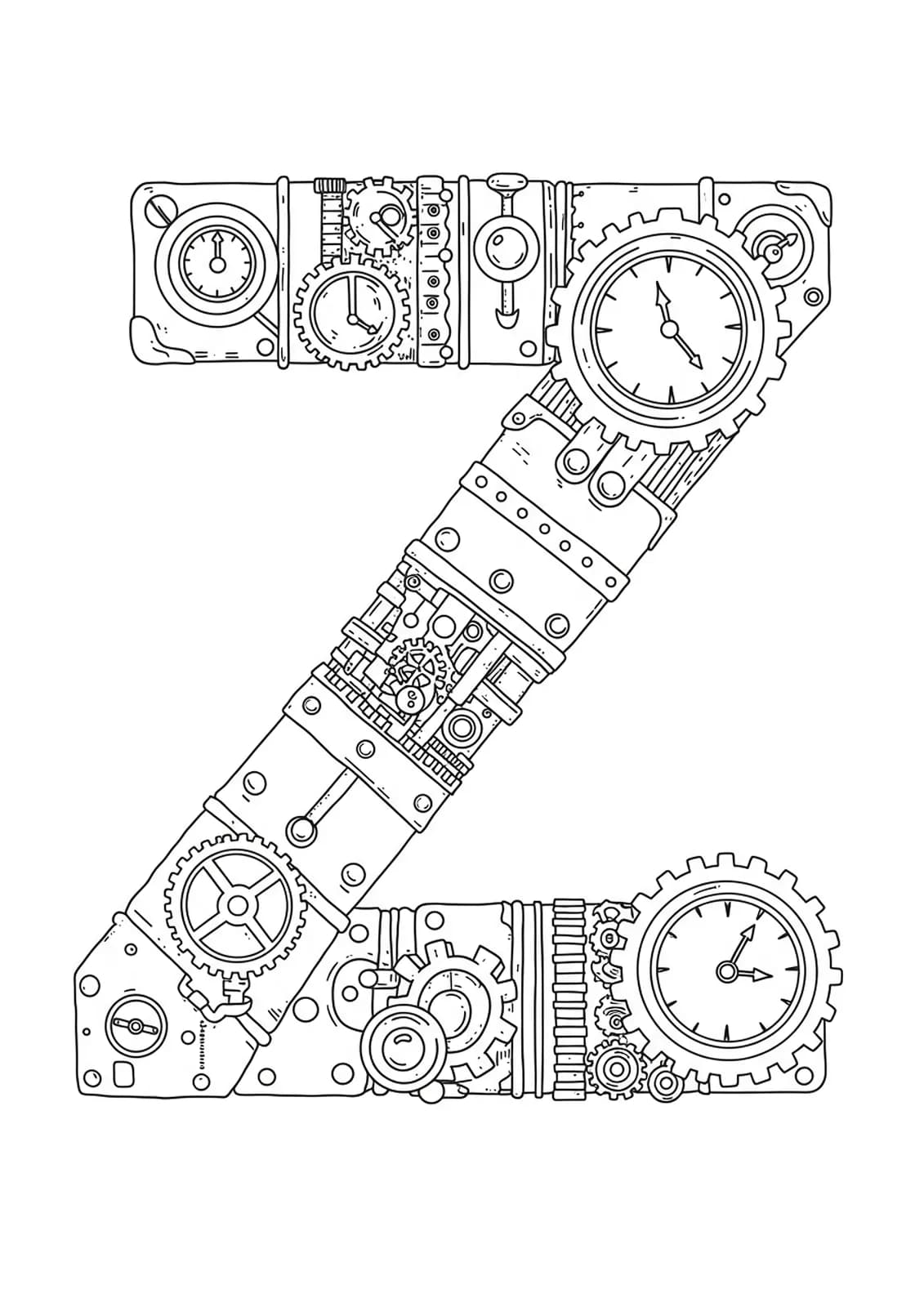 Intricate steampunk letter Z surrounded by gears and mechanical elements, hard coloring page for teens.