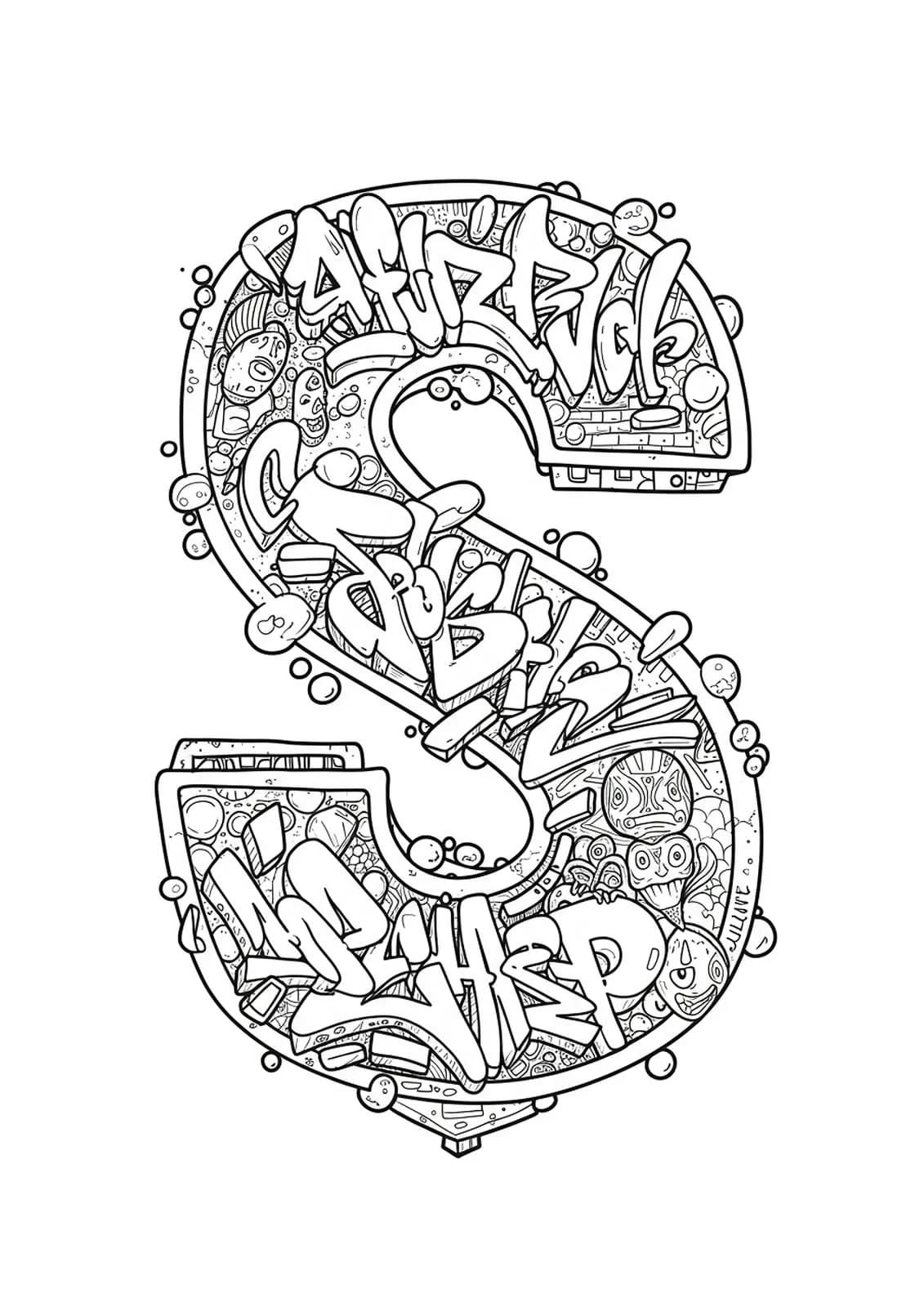 Graffiti-inspired letter S with detailed street art tags, doodles, and urban motifs, hard adult coloring page