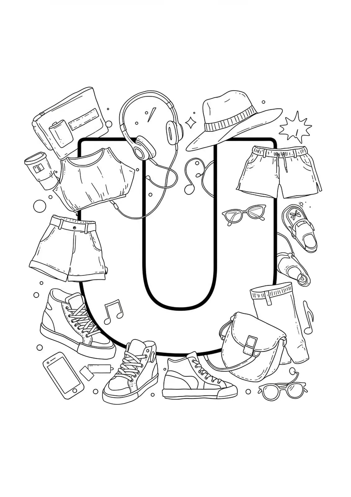Letter U with trendy clothing, sneakers, and accessories in a fashion-themed coloring page for teens.
