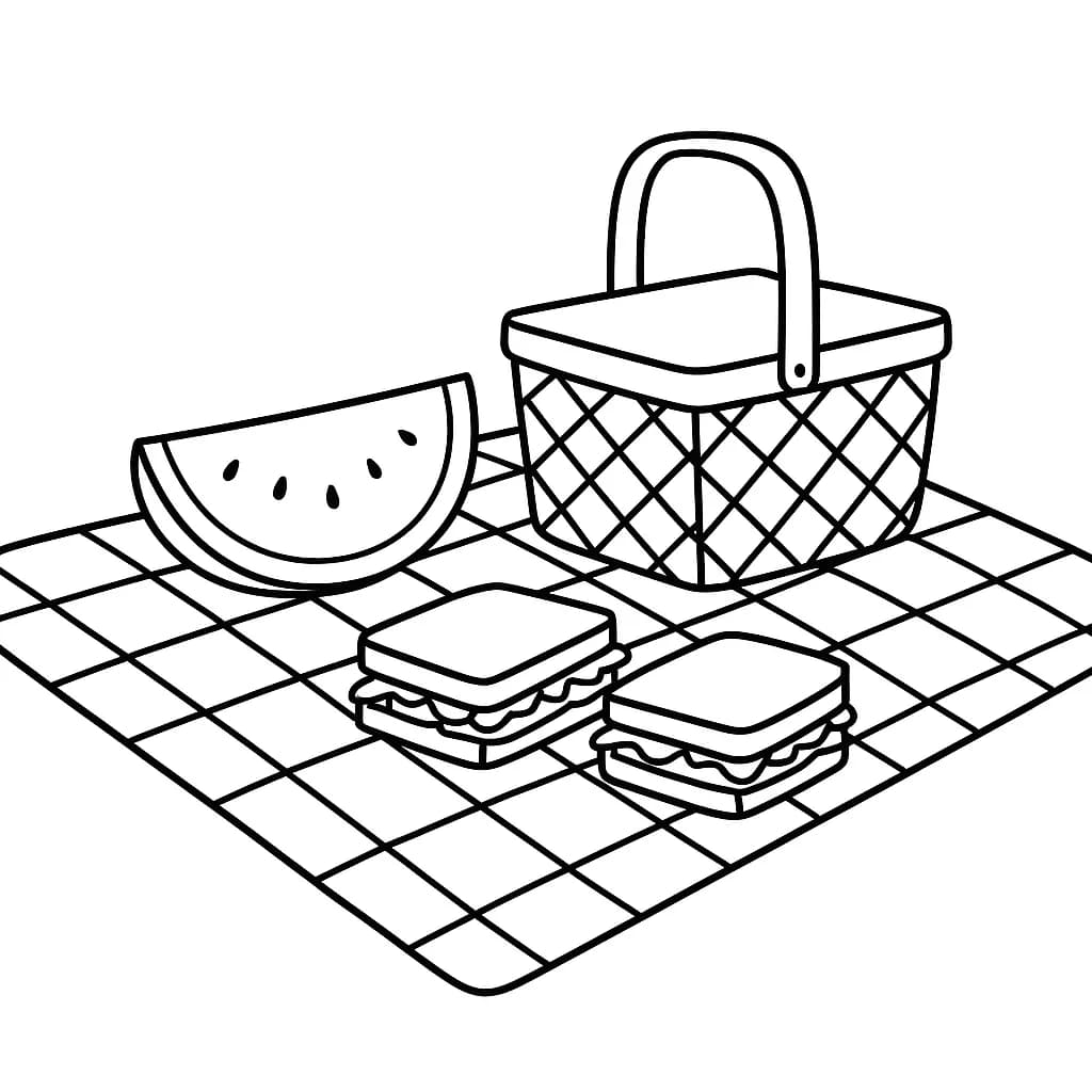 Easy coloring page of a picnic scene with basket, food, and blanket for elementary kids