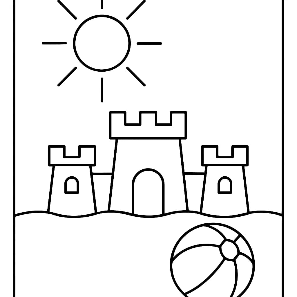 Easy coloring page with sun, sandcastle, and beach ball for preschool children.