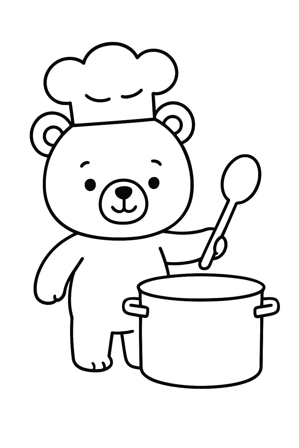 Outline drawing of a bear wearing a chef hat, holding a spoon, with a big cooking pot.