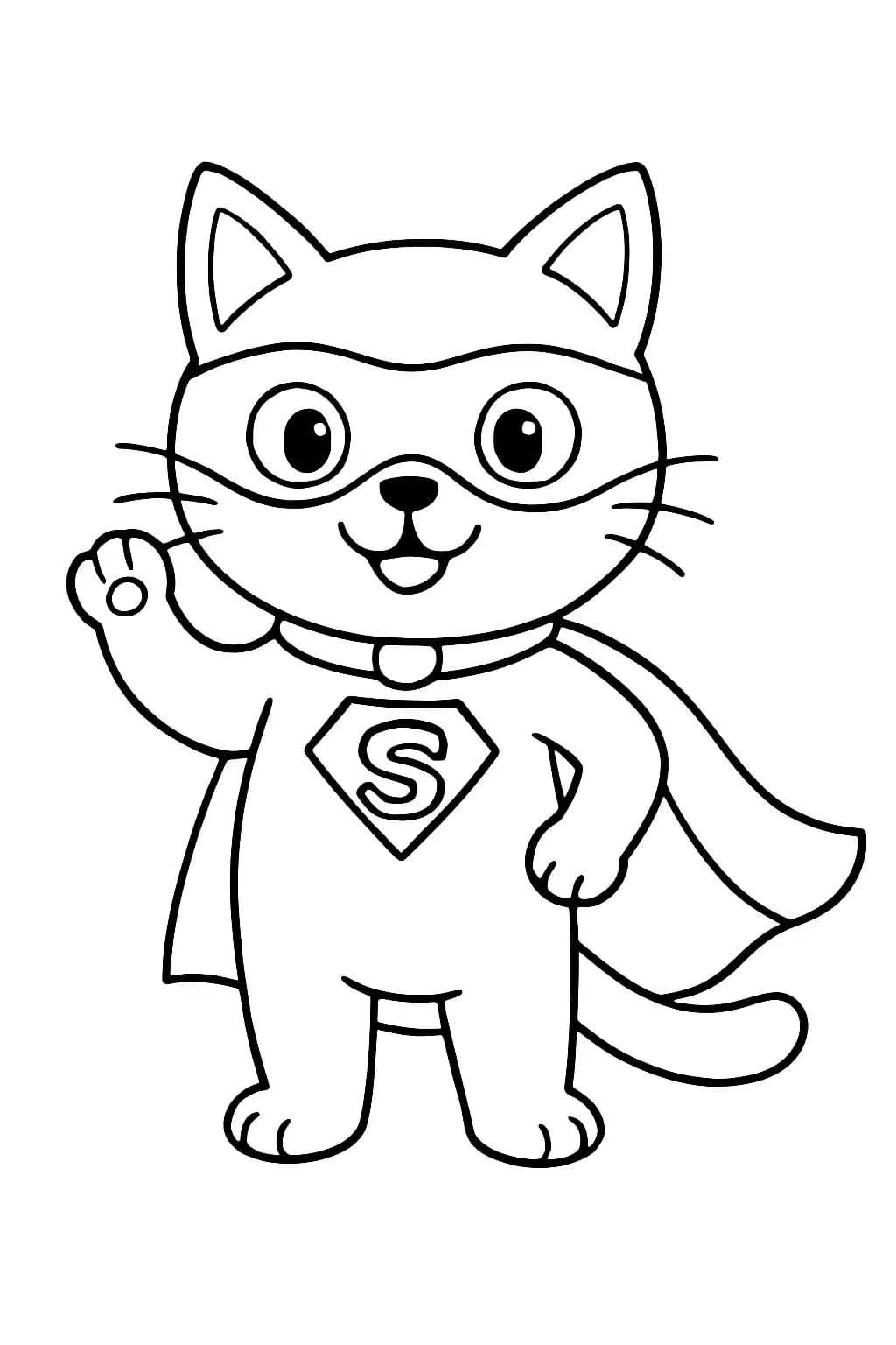 A cat dressed as a superhero with a cape and mask, standing in a heroic pose, outlined simply for coloring.