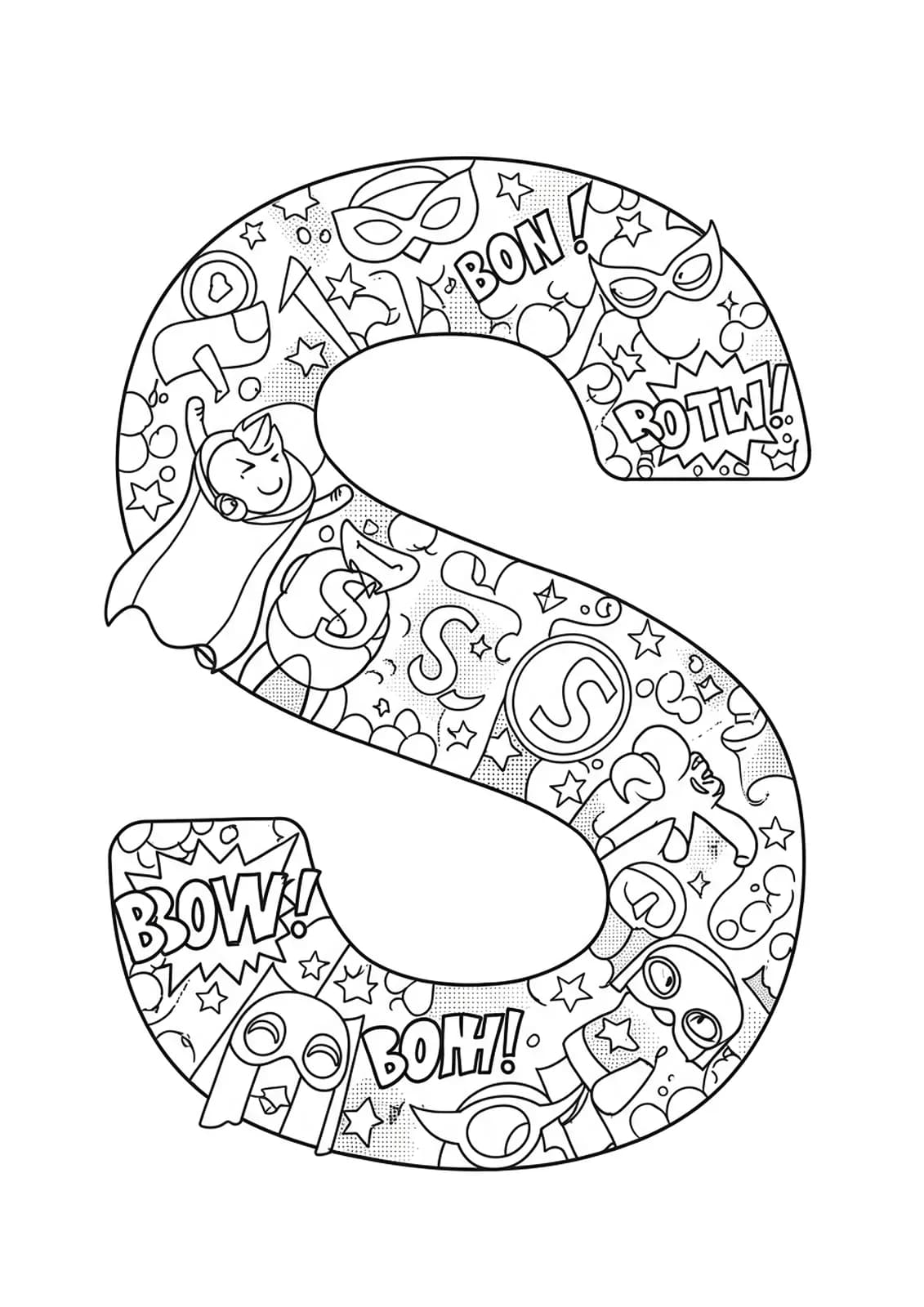 Detailed letter S with superhero capes, masks, and comic book stars for preschool coloring