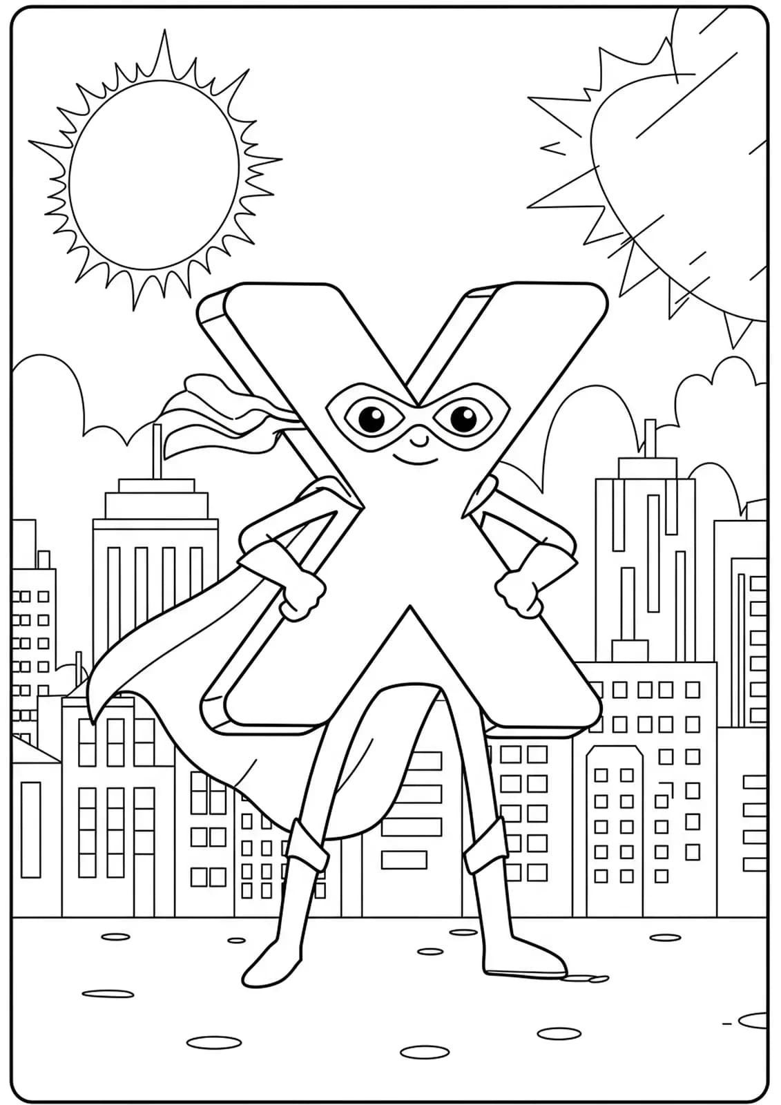 Superhero letter X with cape, mask, and detailed cityscape background for coloring