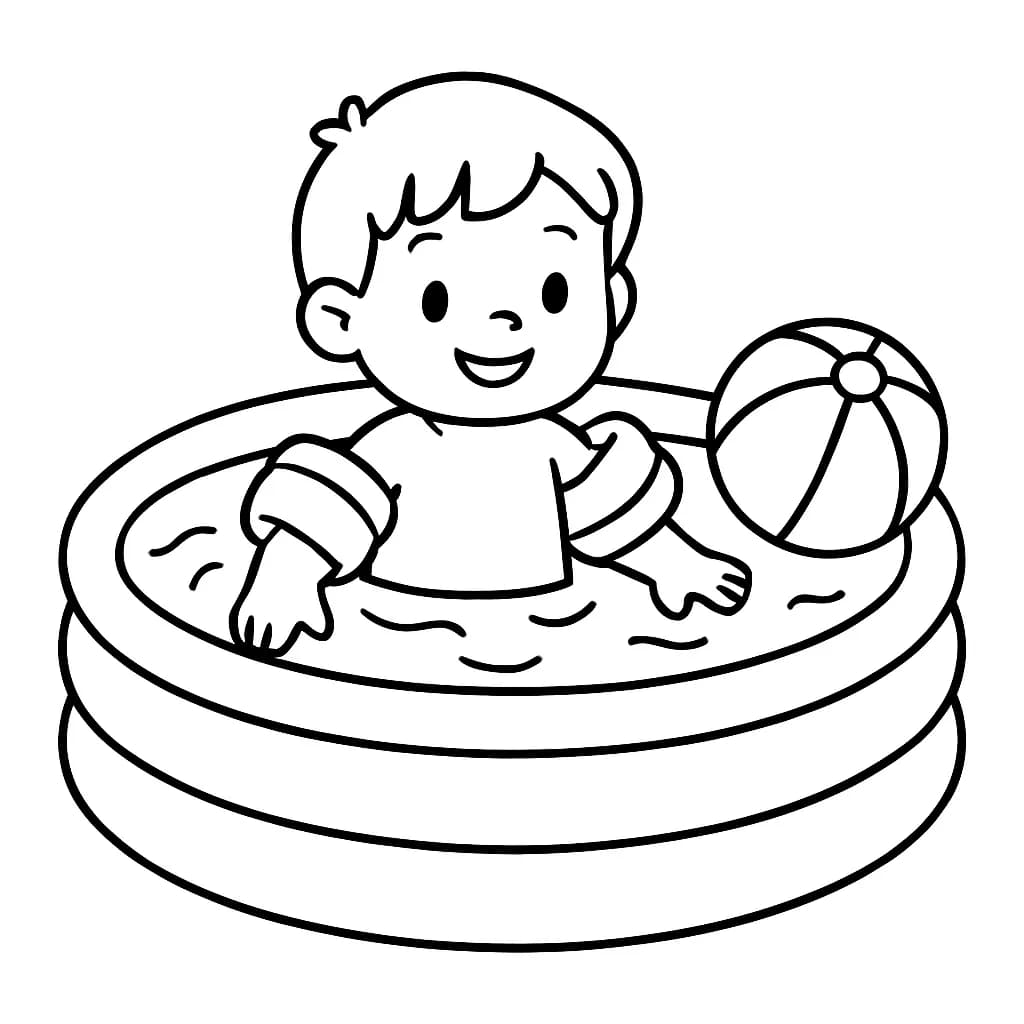 Easy coloring page of a child in a swimming pool with floaties and a beach ball.