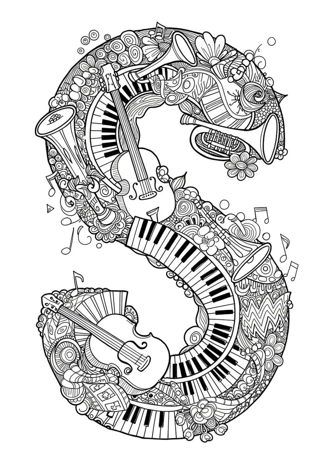 Letter S composed of detailed musical instruments, swirling notes, and complex patterns, hard adult coloring page