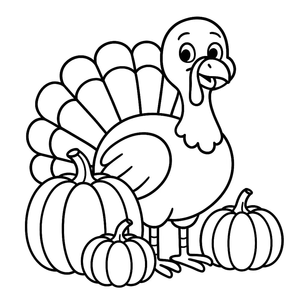 A simple line art drawing of a turkey with pumpkins, easy shapes and clear outlines for children to color.