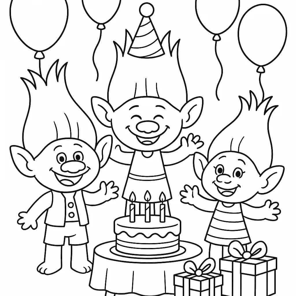 Trolls at a birthday party with balloons, cake, and presents, easy outlines and large spaces