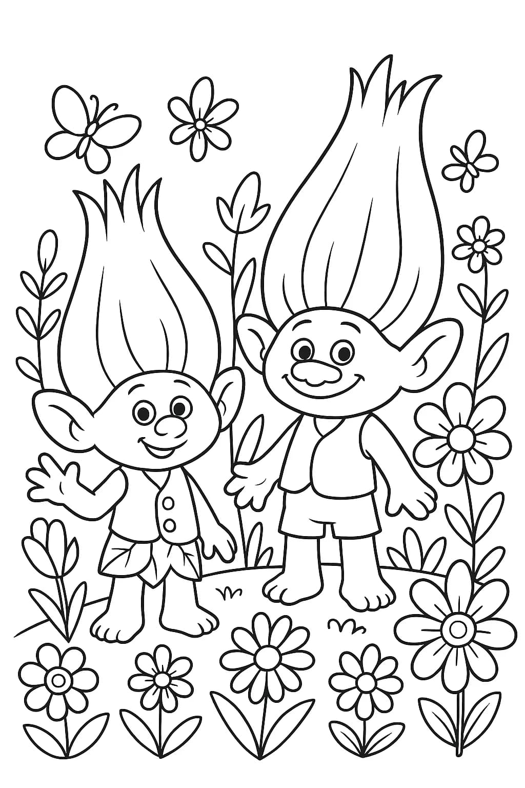 Easy spring garden coloring page with trolls, flowers, and butterflies.