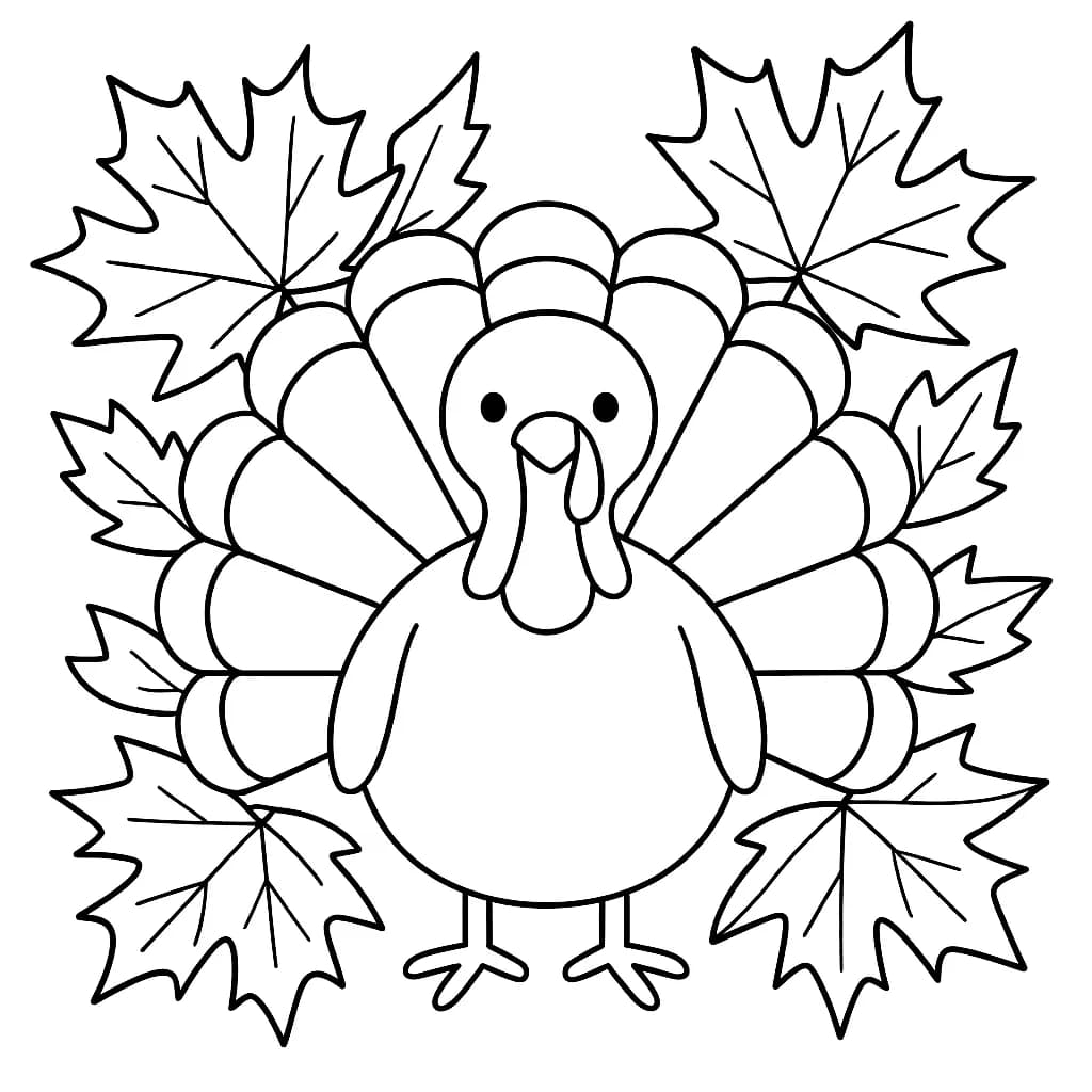 Easy outline drawing of a turkey with big leaves around it, symbolizing autumn.