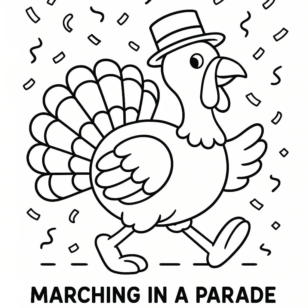 Outline of a turkey marching in a simple parade with confetti shapes.