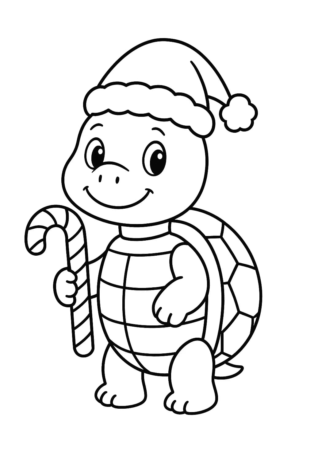 A happy turtle wearing a Santa hat and holding a candy cane for a Christmas coloring page.