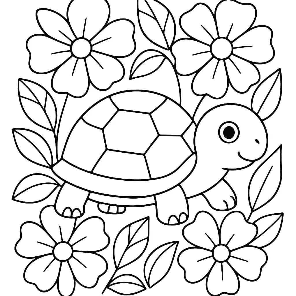 Turtle in a garden with large flowers, easy coloring for preschoolers