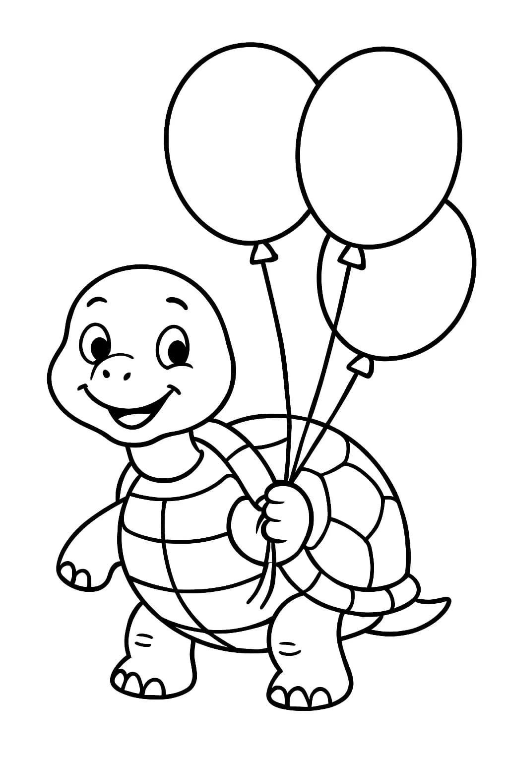 Simple turtle holding big balloons, easy for preschoolers to color