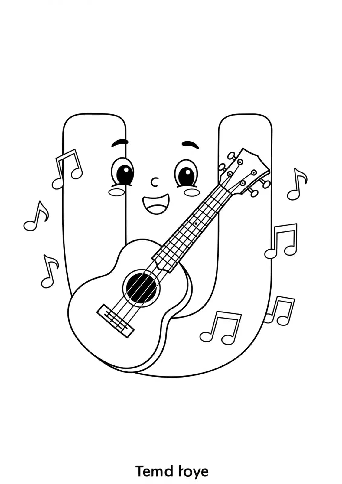 Large letter U and ukulele coloring page with music notes for children.