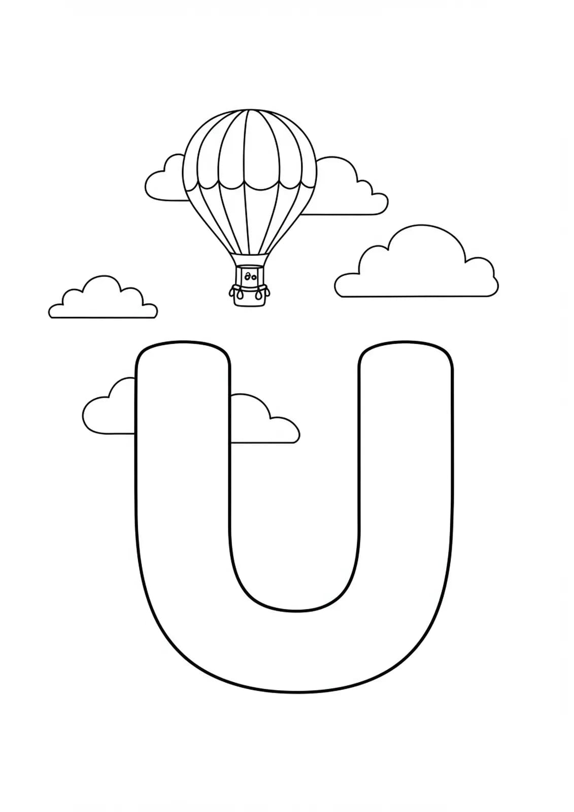 Coloring page with letter U, a hot air balloon, and clouds for preschool children.