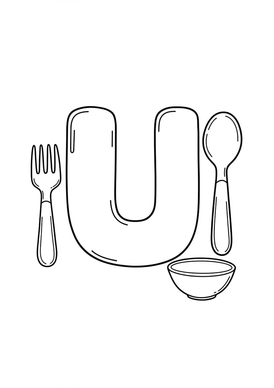 Letter U coloring page with spoon, fork, and bowl for preschoolers.