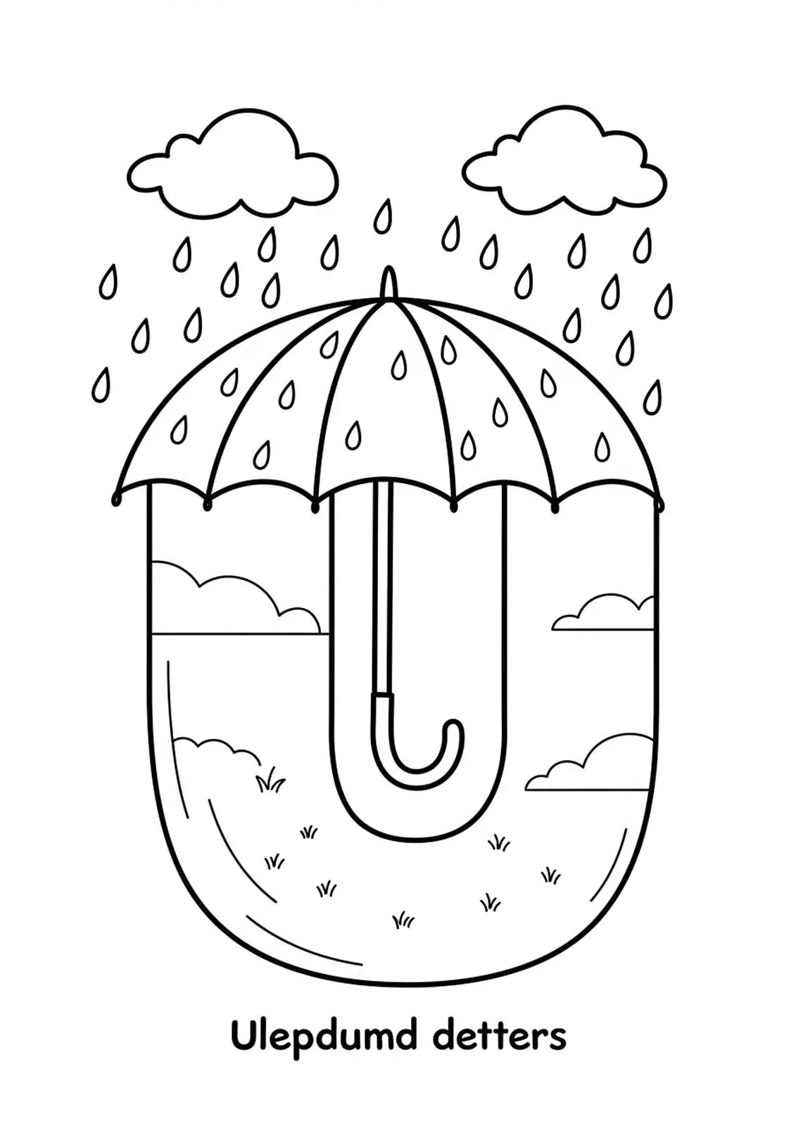 Printable coloring page of a letter U and an umbrella with raindrops and clouds for preschoolers.