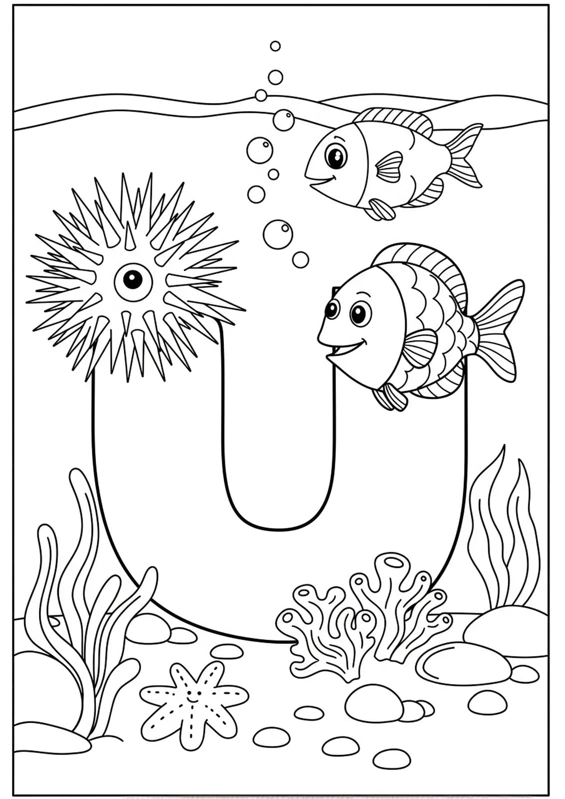 Printable coloring page with a large letter U, sea urchin, fish, and underwater plants for kids.