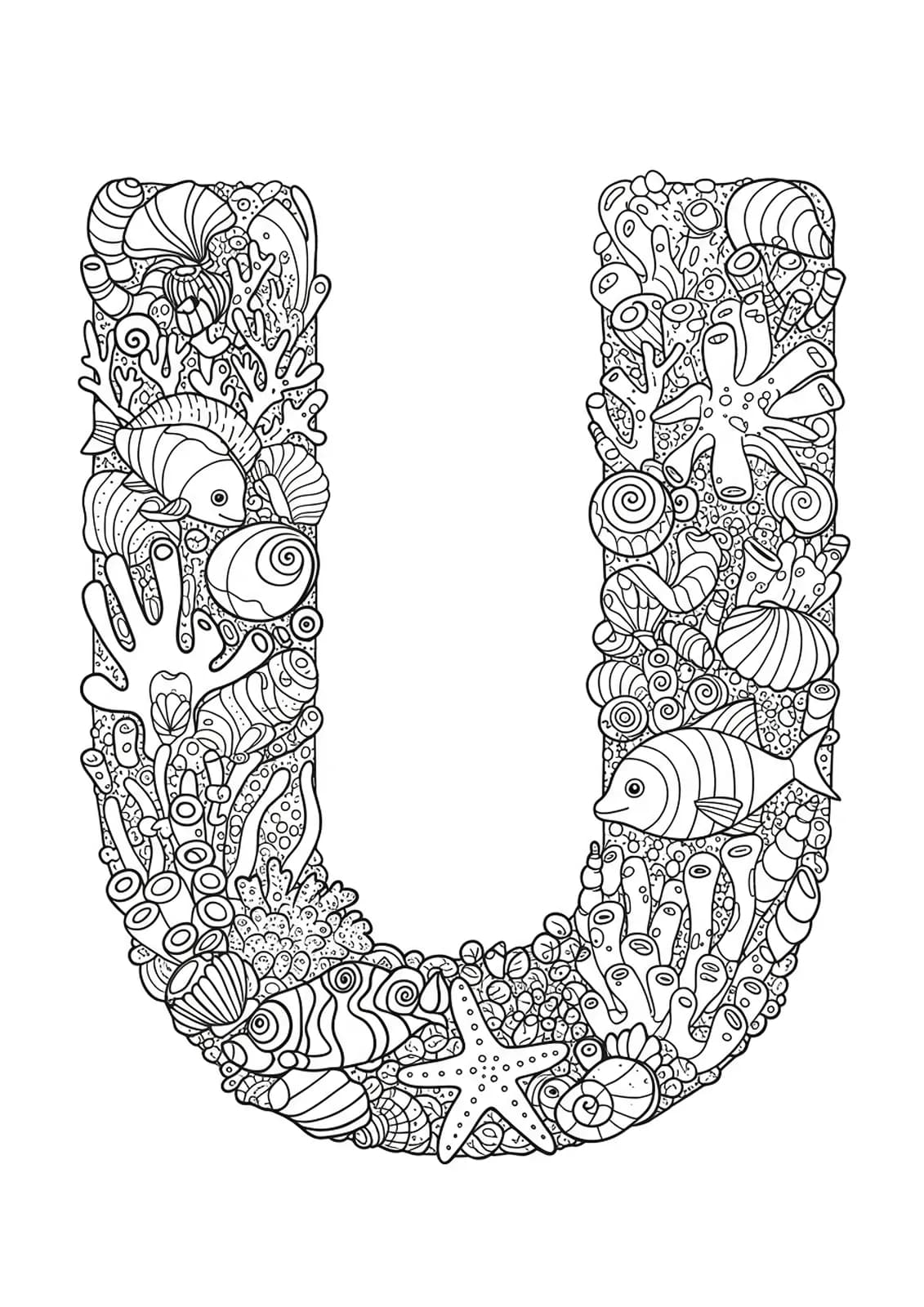 Intricate letter U surrounded by sea animals, fish, and detailed coral patterns for coloring.