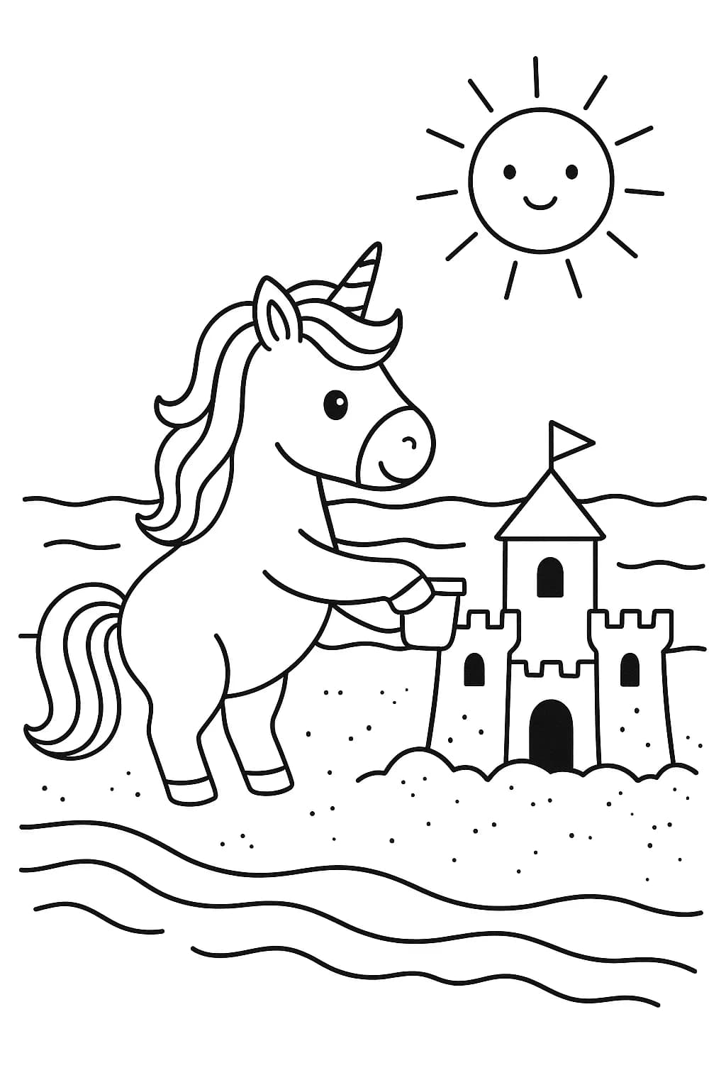 A unicorn with a beach ball and sandcastle, under a sun, easy coloring outlines.