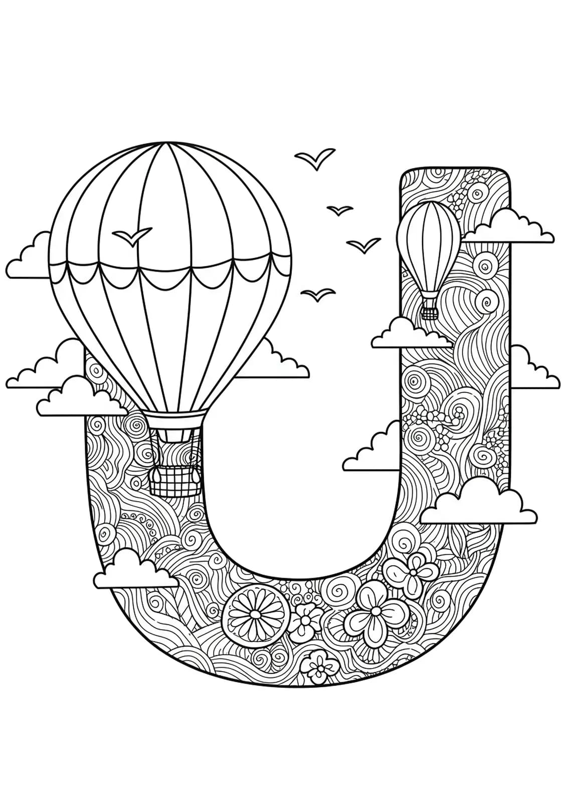 Letter U coloring page with a detailed hot air balloon, clouds, and birds for preschool children