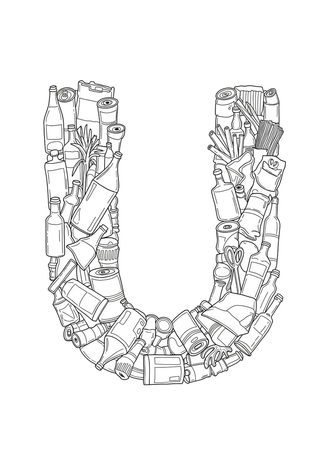 The letter U formed from upcycled materials such as bottles and cans with detailed textures.