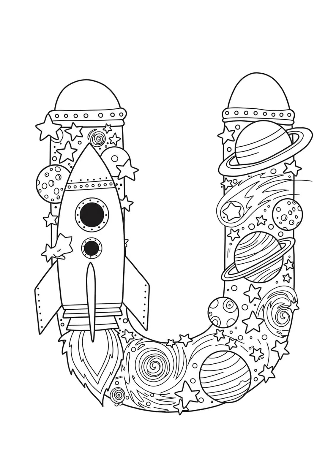 Letter U coloring page as a detailed rocket with stars and planets for preschool children