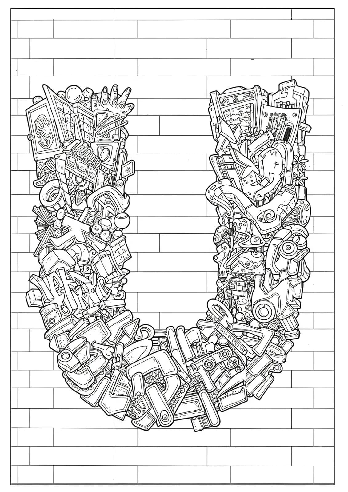 Complex graffiti-style letter U with detailed patterns, street art motifs, and urban elements for teens to color.