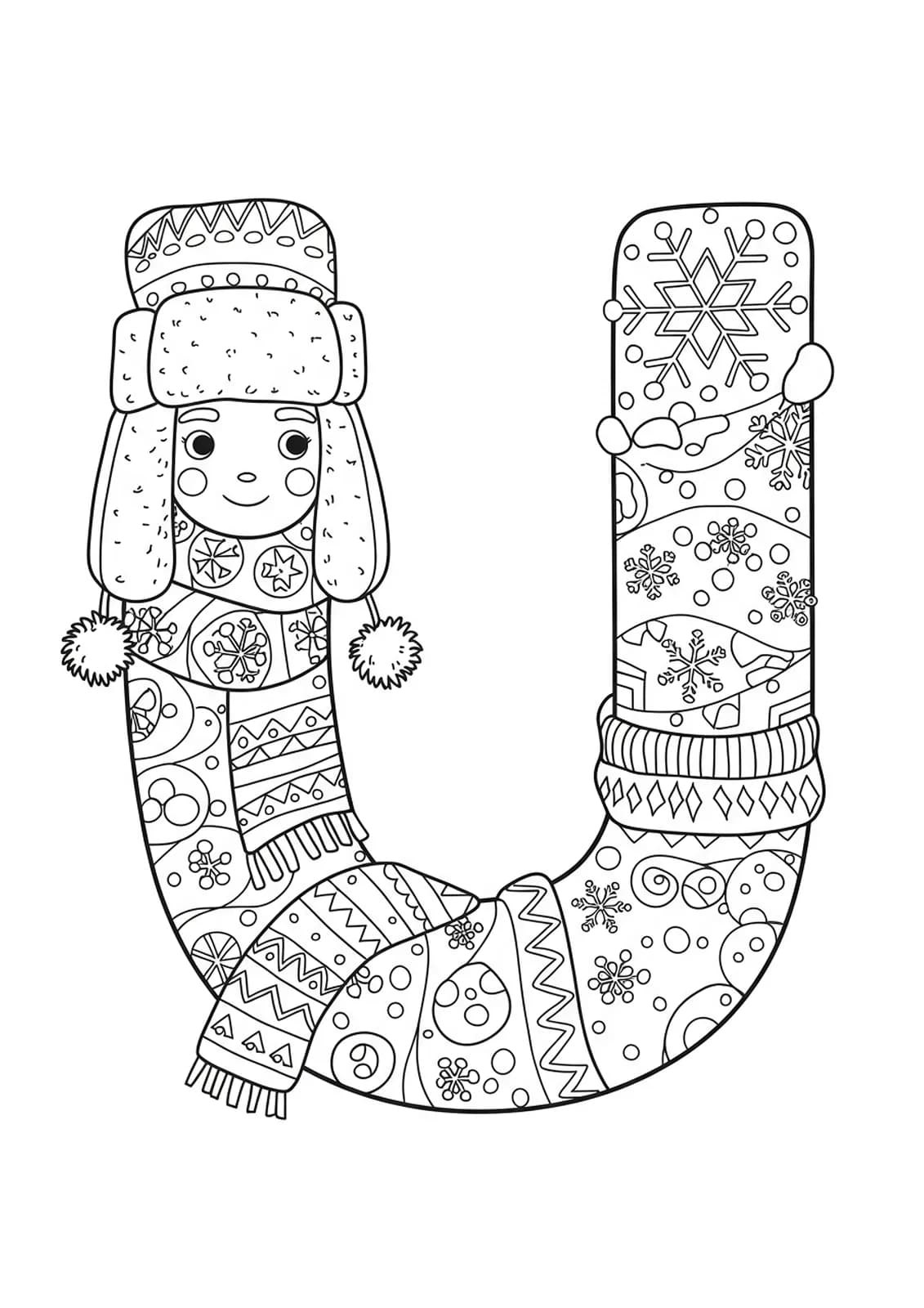 Letter U wearing a detailed ushanka hat, surrounded by snowflakes and scarves.