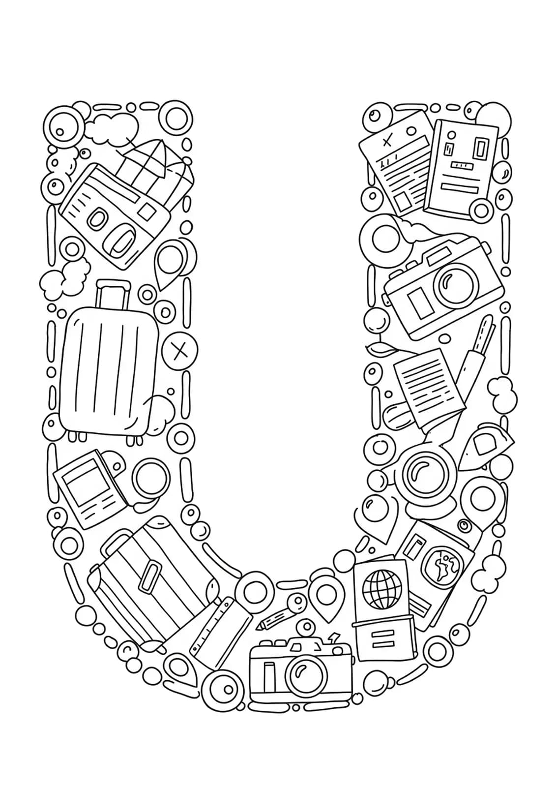 Letter U with travel icons like suitcase, camera, and passport, designed for easy coloring.
