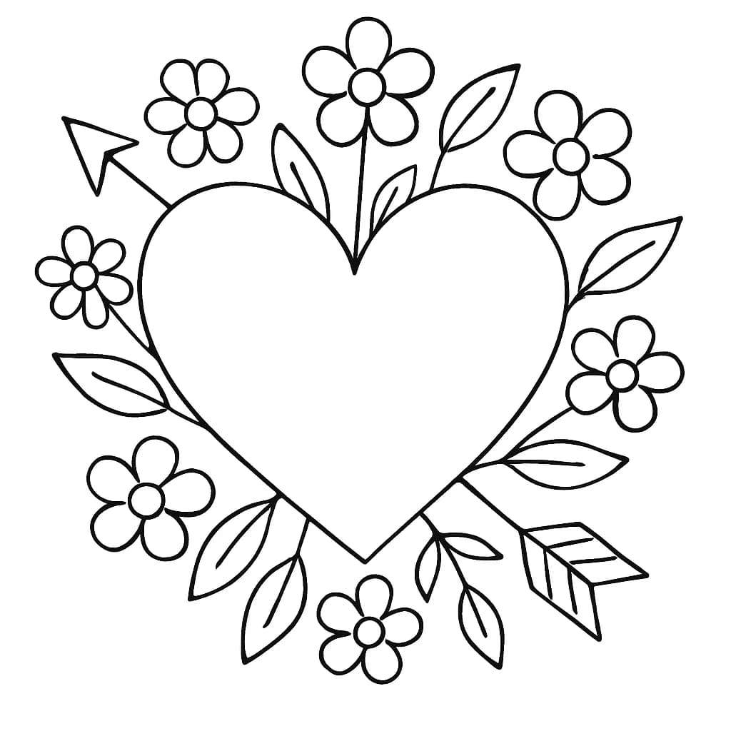 A big heart with simple flowers and arrows for Valentine's Day, easy coloring page.