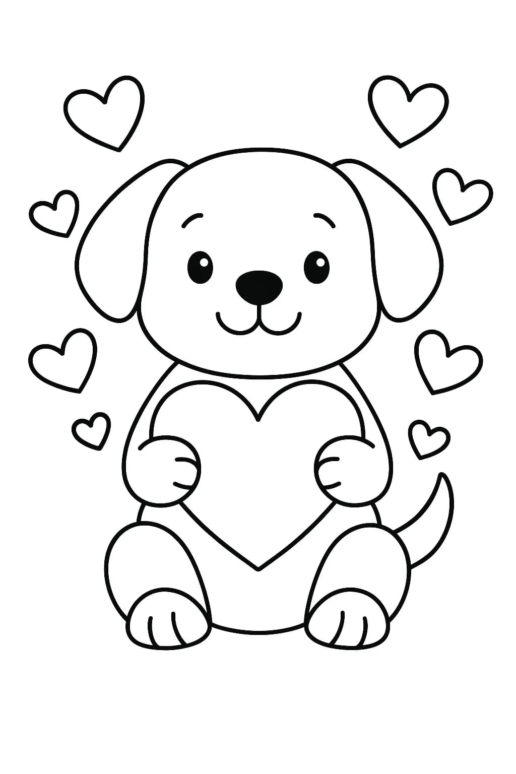 Simple coloring page of a puppy holding a heart with hearts in the background
