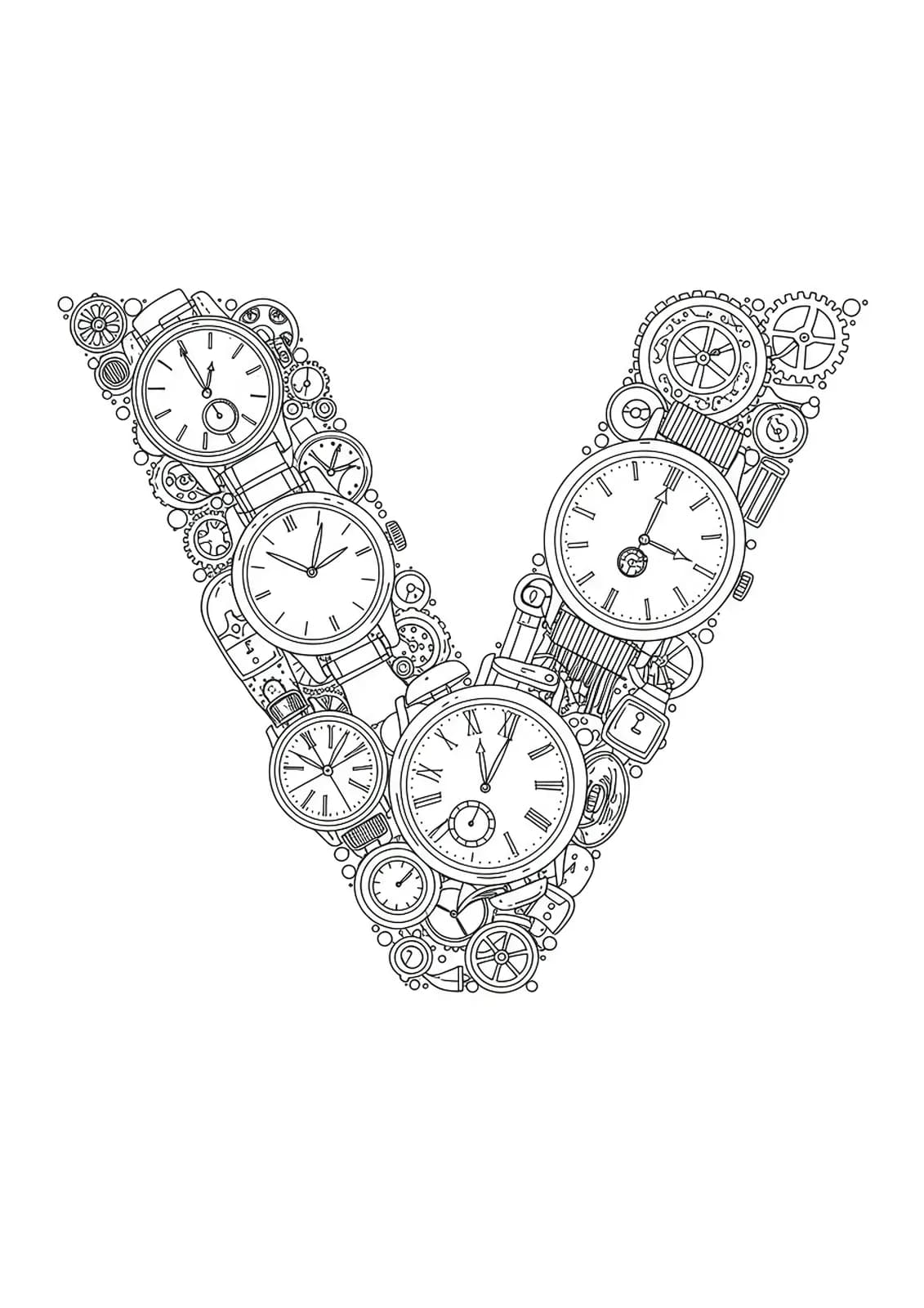 The letter V surrounded by detailed illustrations of vintage watches, gears, and intricate clock faces.