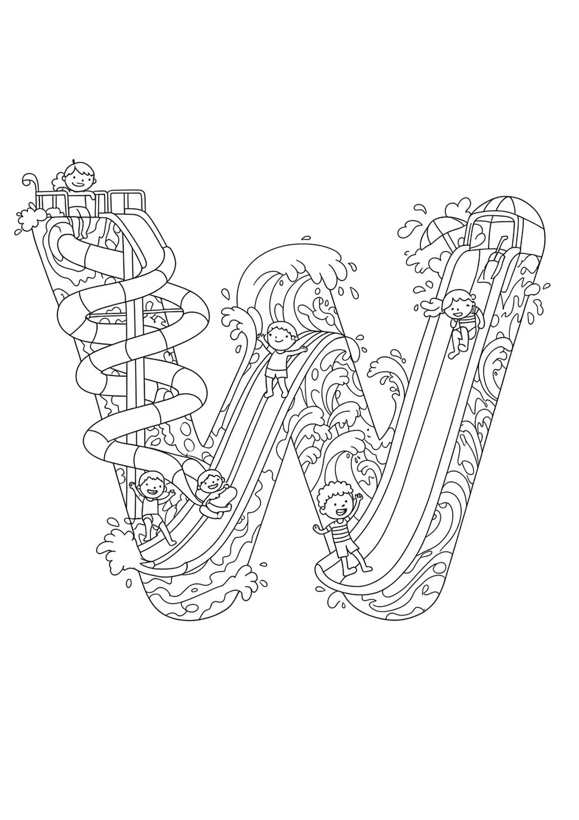 Letter W in the center of a waterpark scene with slides, waves, and children playing, in a medium-detail coloring page for elementary students.