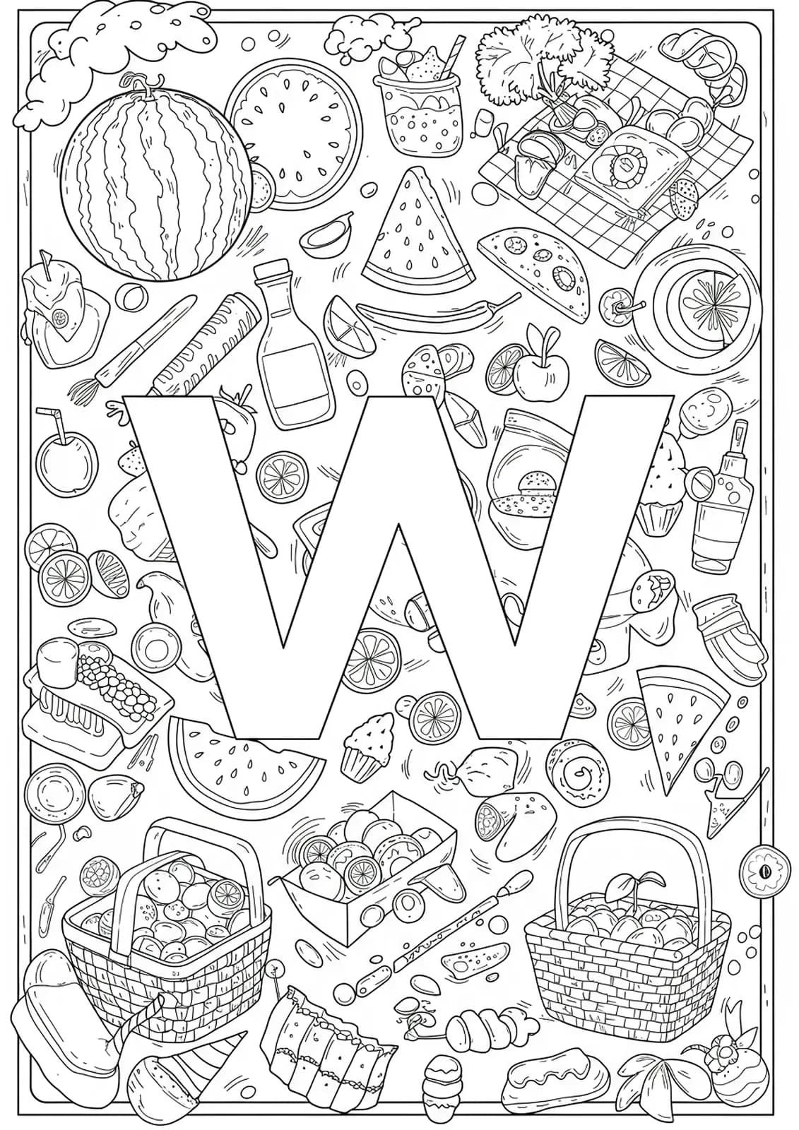 Letter W with detailed watermelons, picnic items, and summer foods in line art