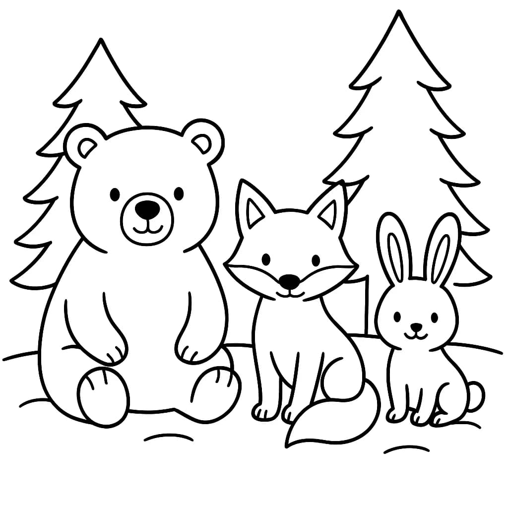 Simple outlines of a bear, a fox, and a bunny sitting in the snow with a few pine trees in the background.