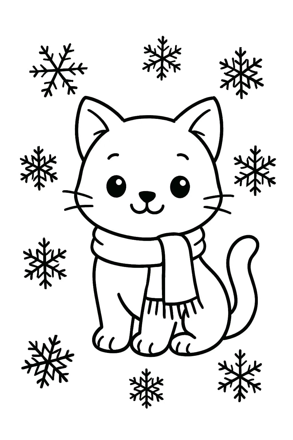 A kitten in a scarf sitting in the snow with simple snowflakes around.