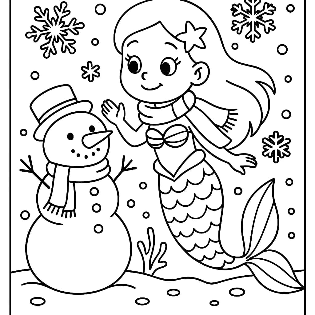 Winter-themed mermaid coloring page with a mermaid, scarf, snowflakes, and snowman under the sea.