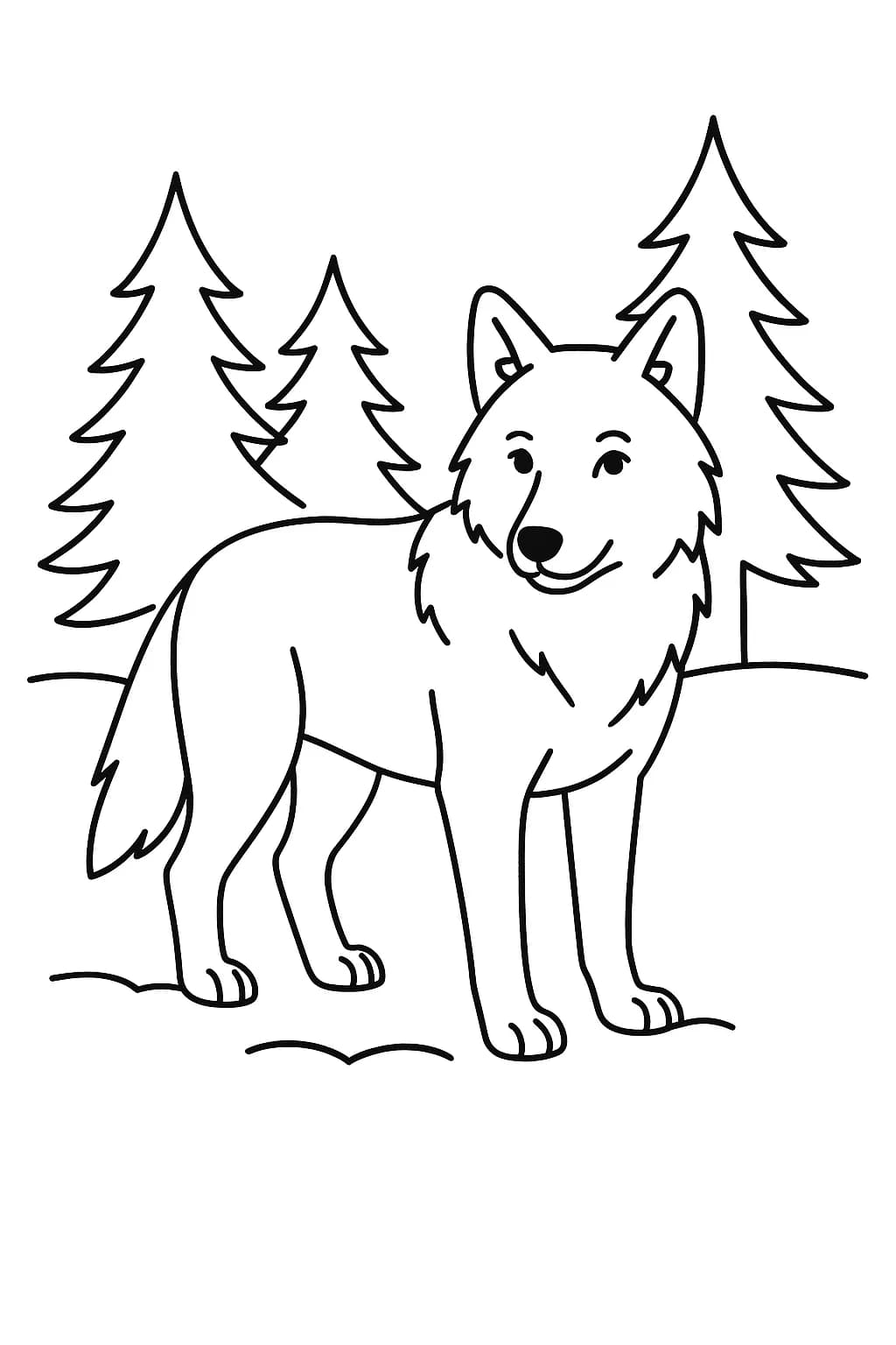 Easy coloring page of a wolf standing in snow with pine trees, designed for elementary kids.