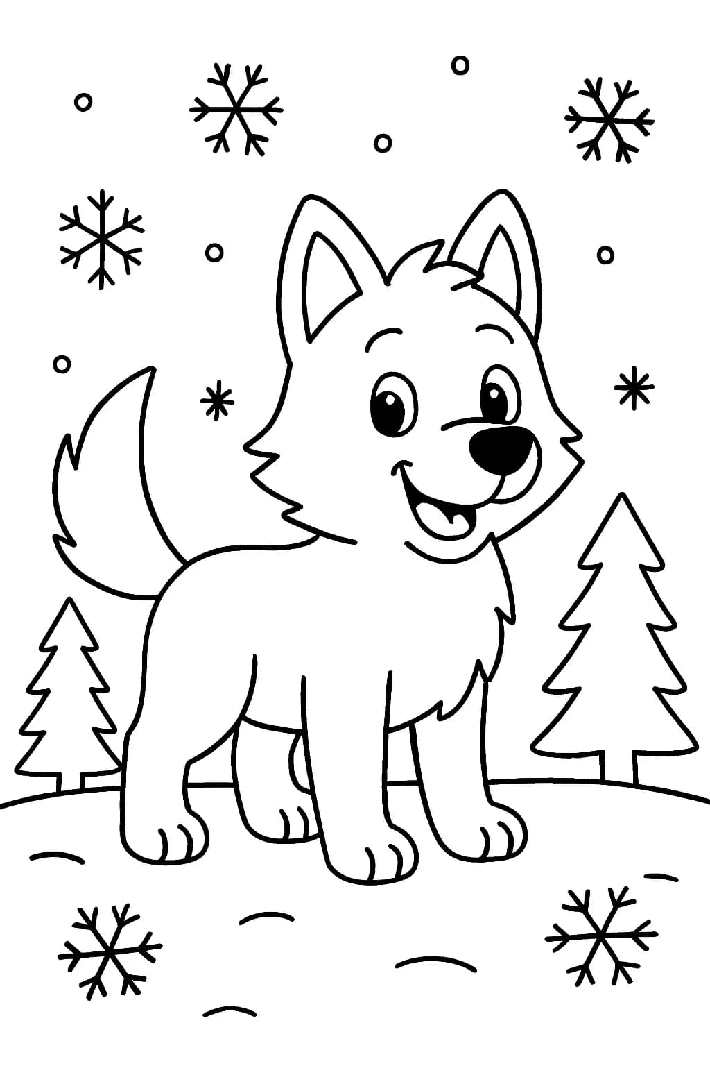 Easy coloring page of a happy wolf in a snowy landscape with snowflakes and trees, for preschoolers.