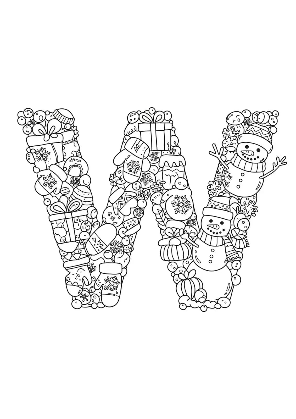 Complex winter-themed letter W coloring page with snowflakes, mittens, and snowman details for preschoolers.