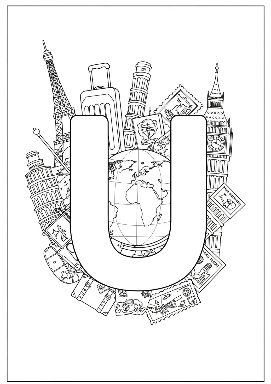 Letter U surrounded by travel icons, globe, suitcase, passport stamps, and landmarks, suitable for teens.