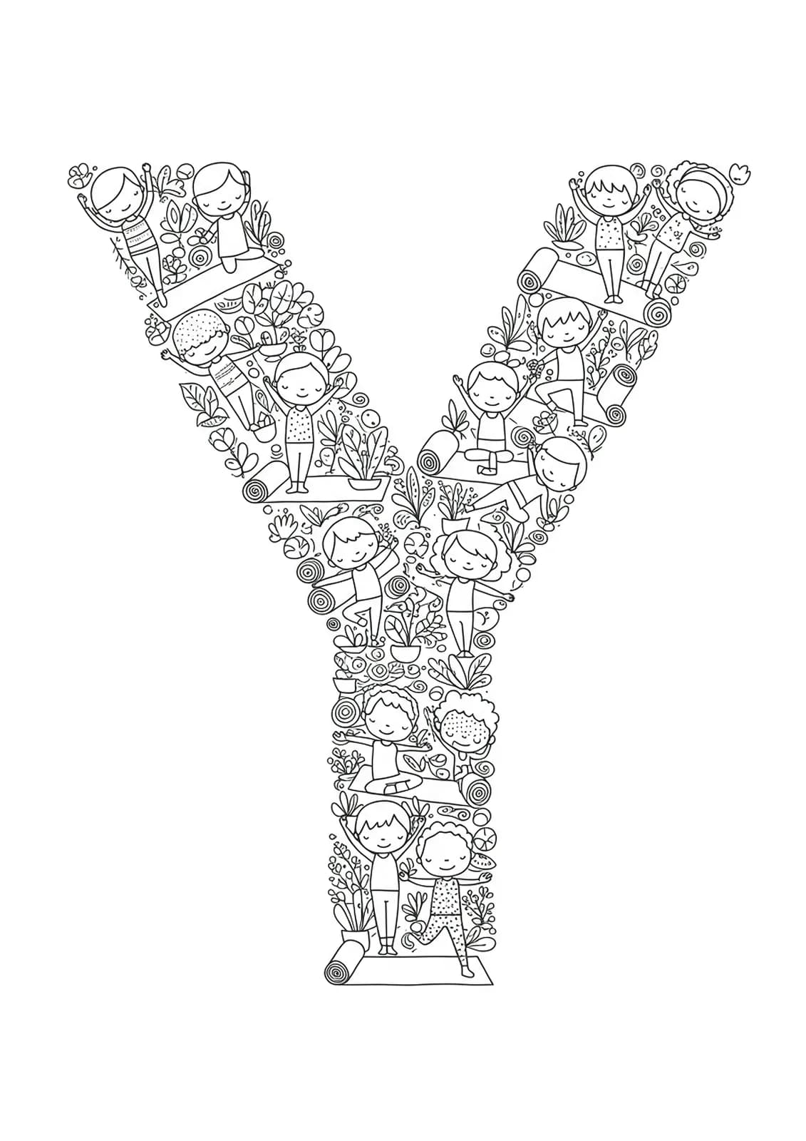 Detailed coloring page of letter Y made with children doing yoga poses and intricate background details
