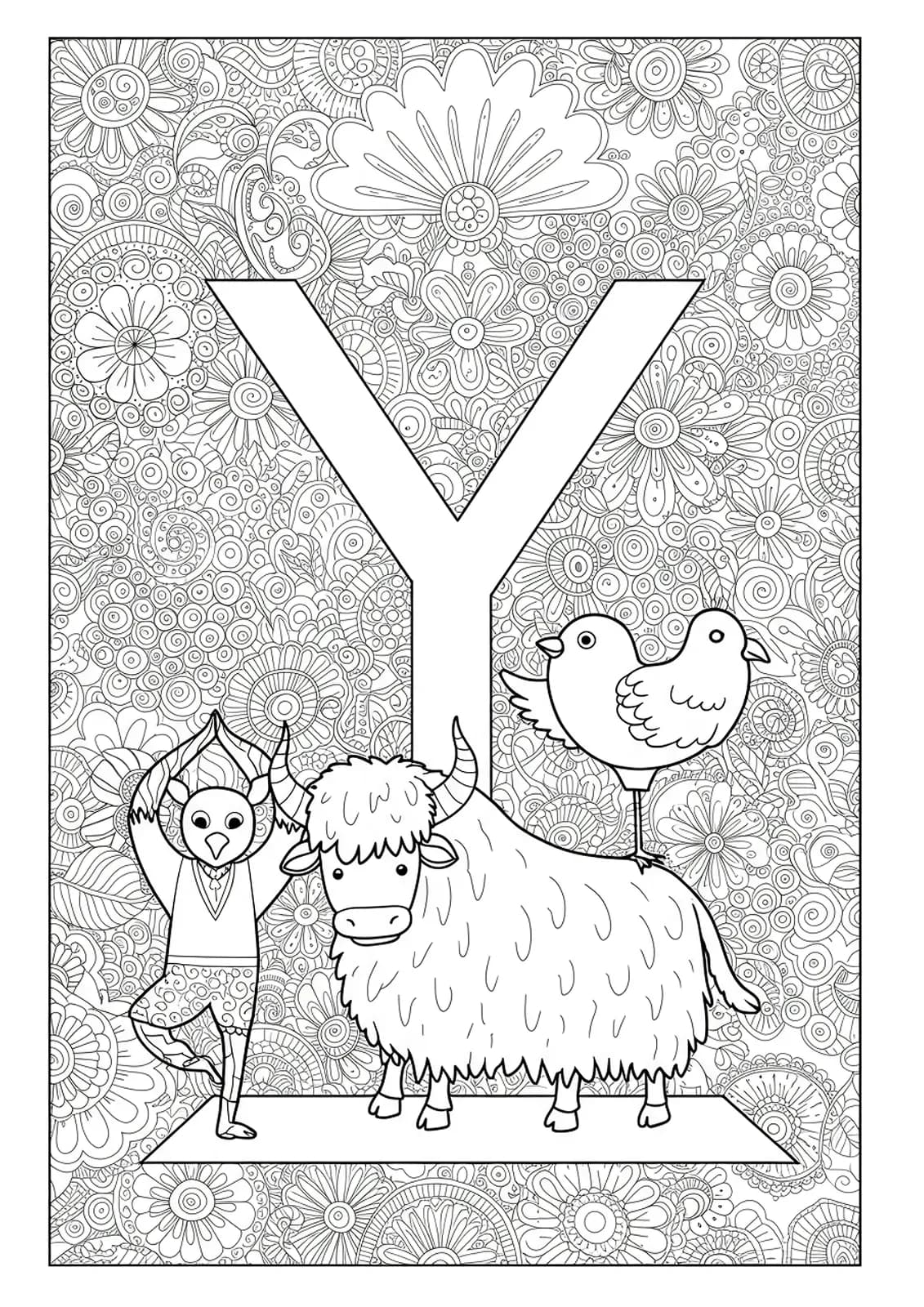 Letter Y with cute animals like yaks and birds in yoga poses, surrounded by intricate patterns