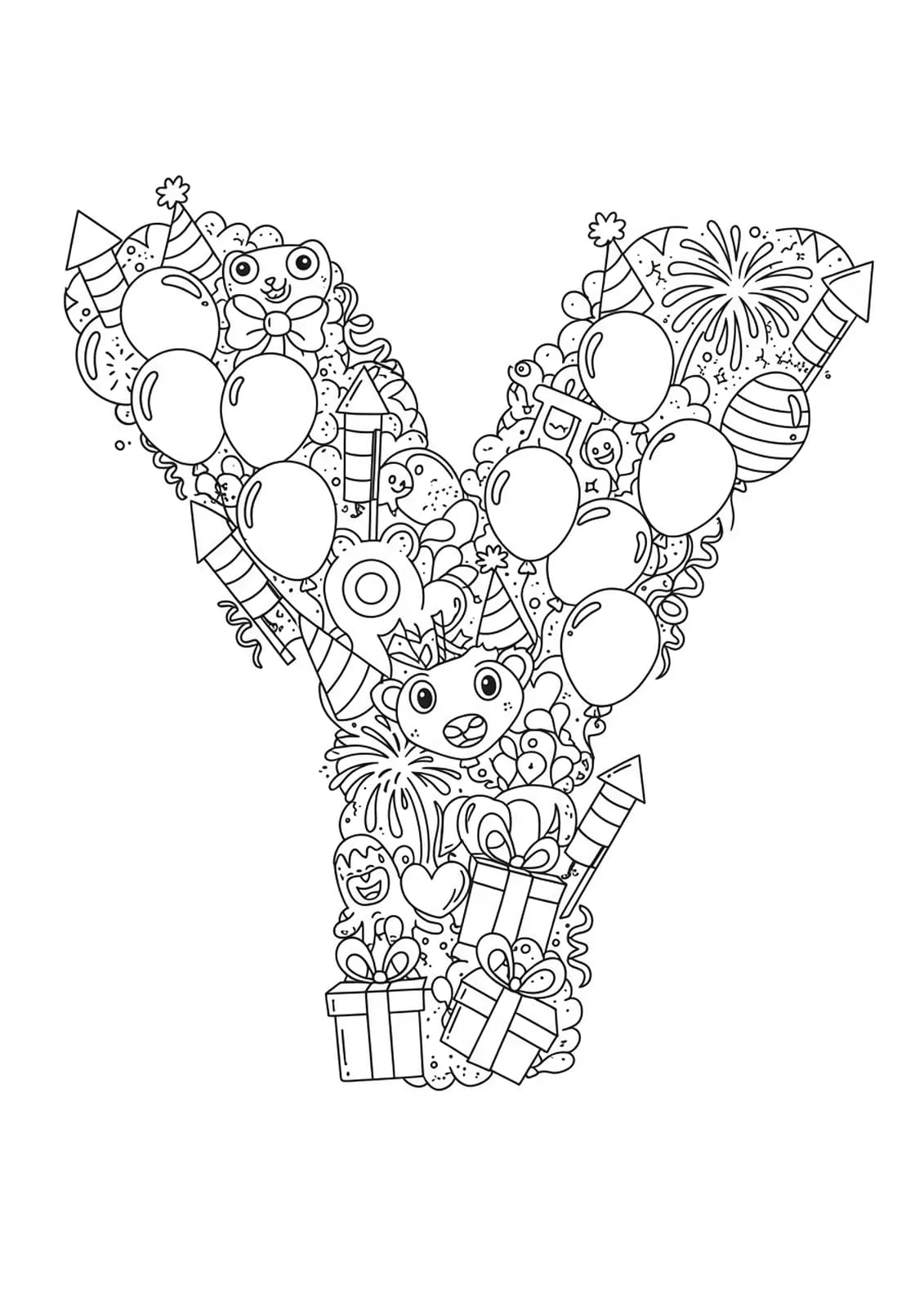Letter Y decorated with detailed images of balloons, fireworks, streamers, and celebration items